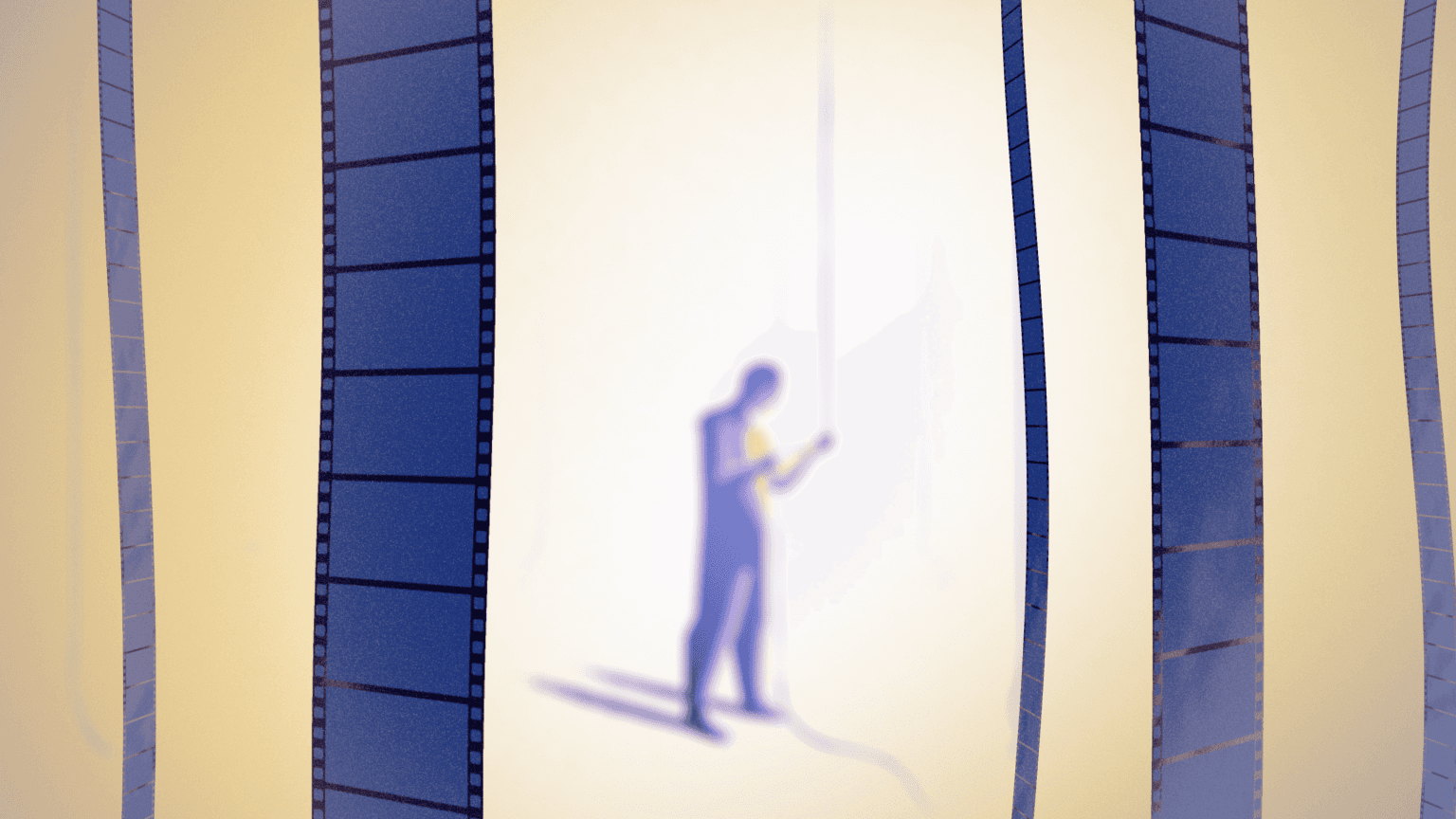 a bunch of film strips haning from the ceiling in an empty yellow space with a person blurred in the background looking at a filmstrip in his hands