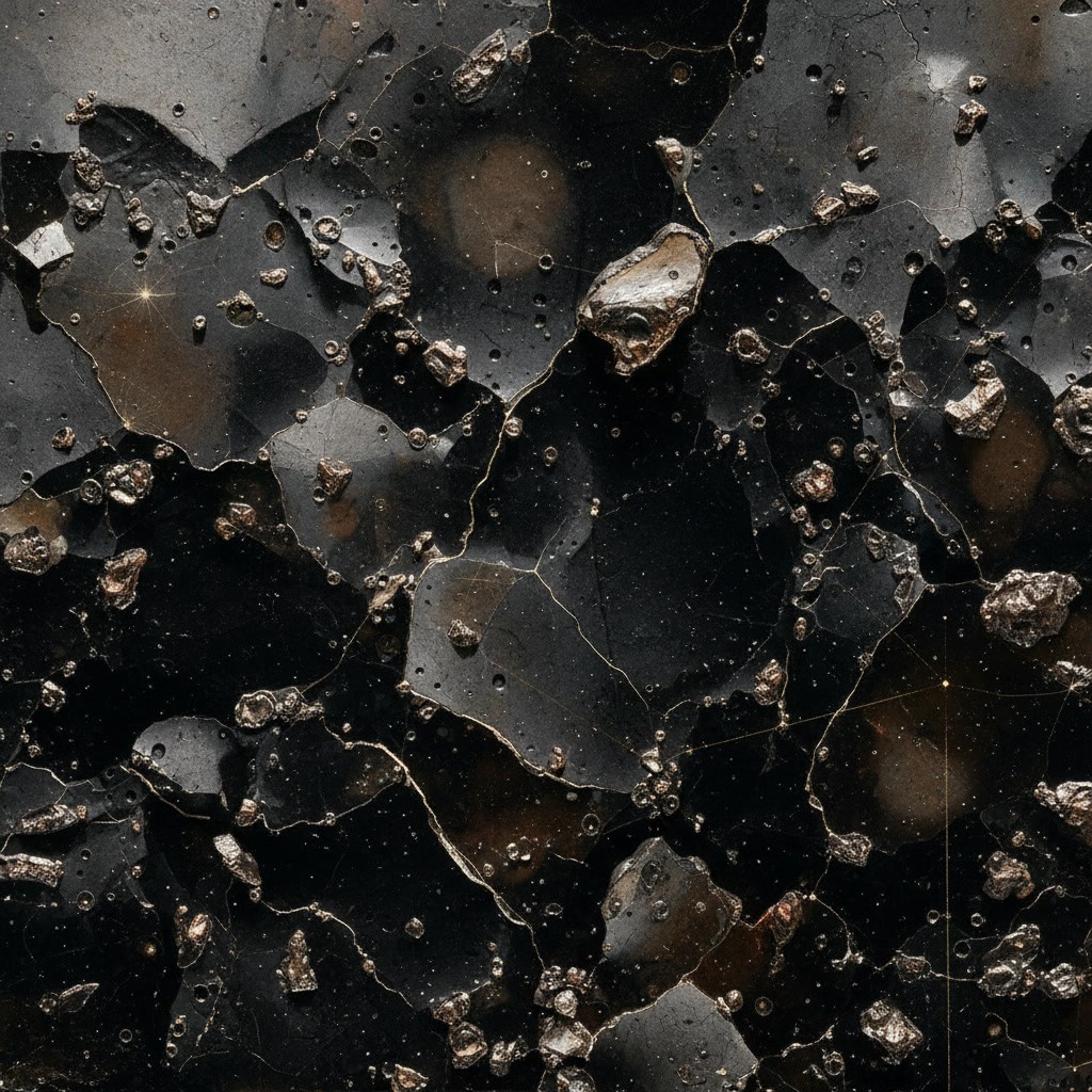 Black volcanic composite with mineral aggregate and resin inclusions.