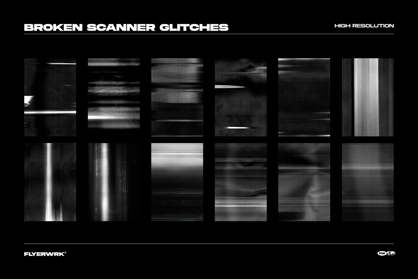 Collection of broken scanner glitch textures with distorted photocopy scan lines