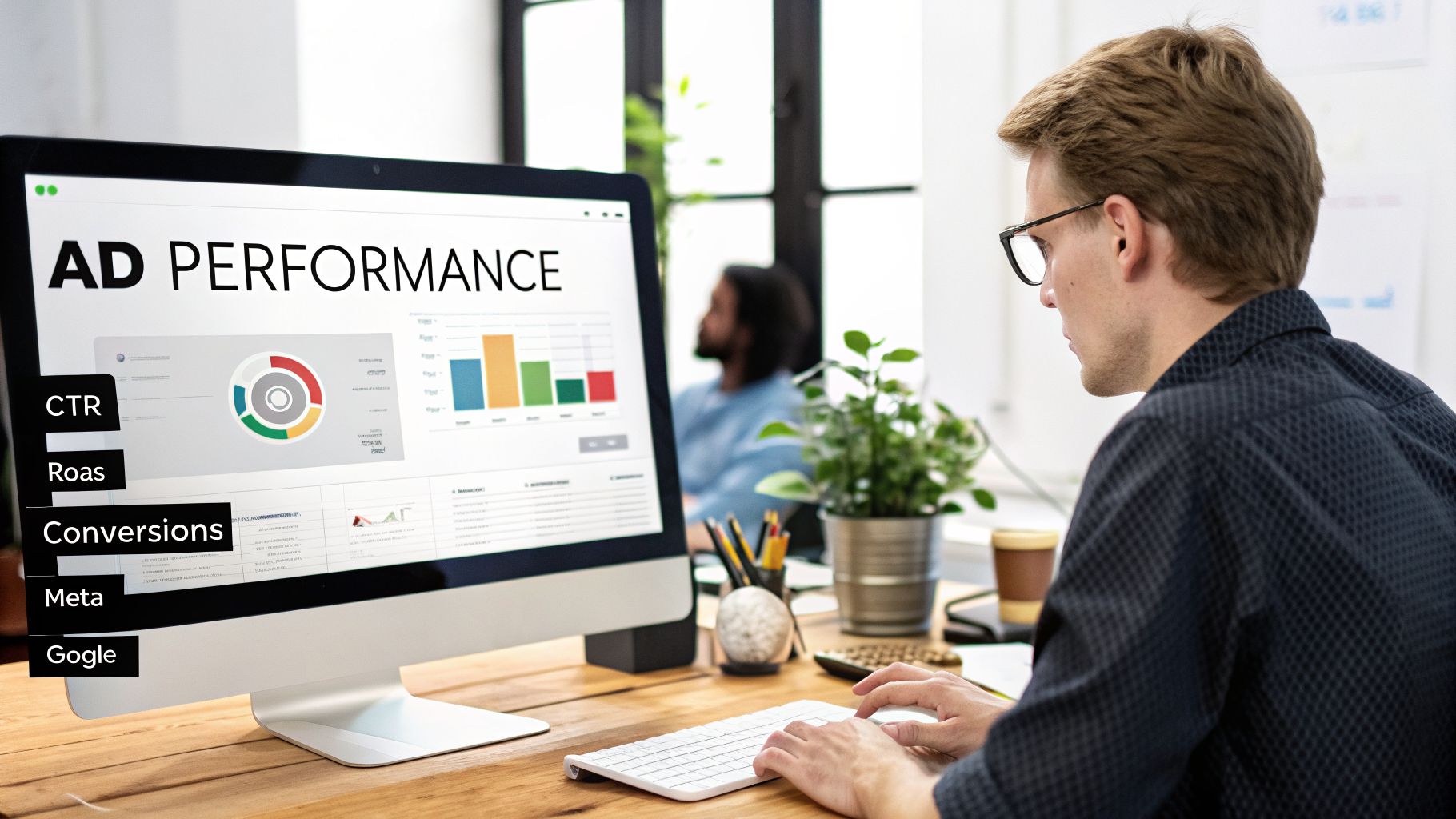 A man analyzing digital ad performance metrics on a computer screen, displaying charts and key data points.