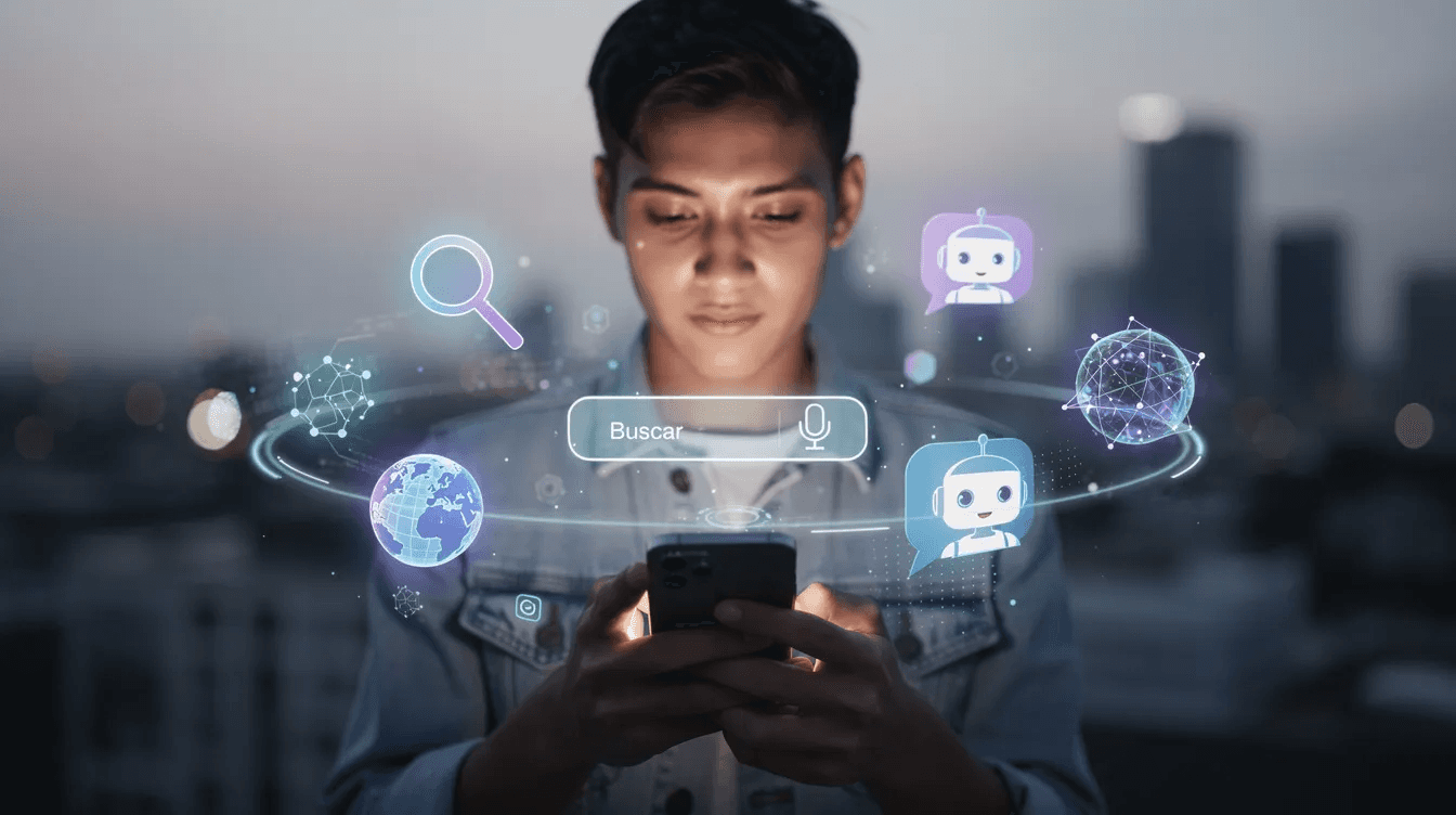 Una persona sostiene un smartphone mientras iconos de búsqueda de Google y asistentes de inteligencia artificial flotan a su alrededor, simbolizando la conexión entre la tecnología y el marketing digital. Esta imagen refleja la importancia de las herramientas digitales en la recopilación de información y la estrategia de contenido en el mundo actual.