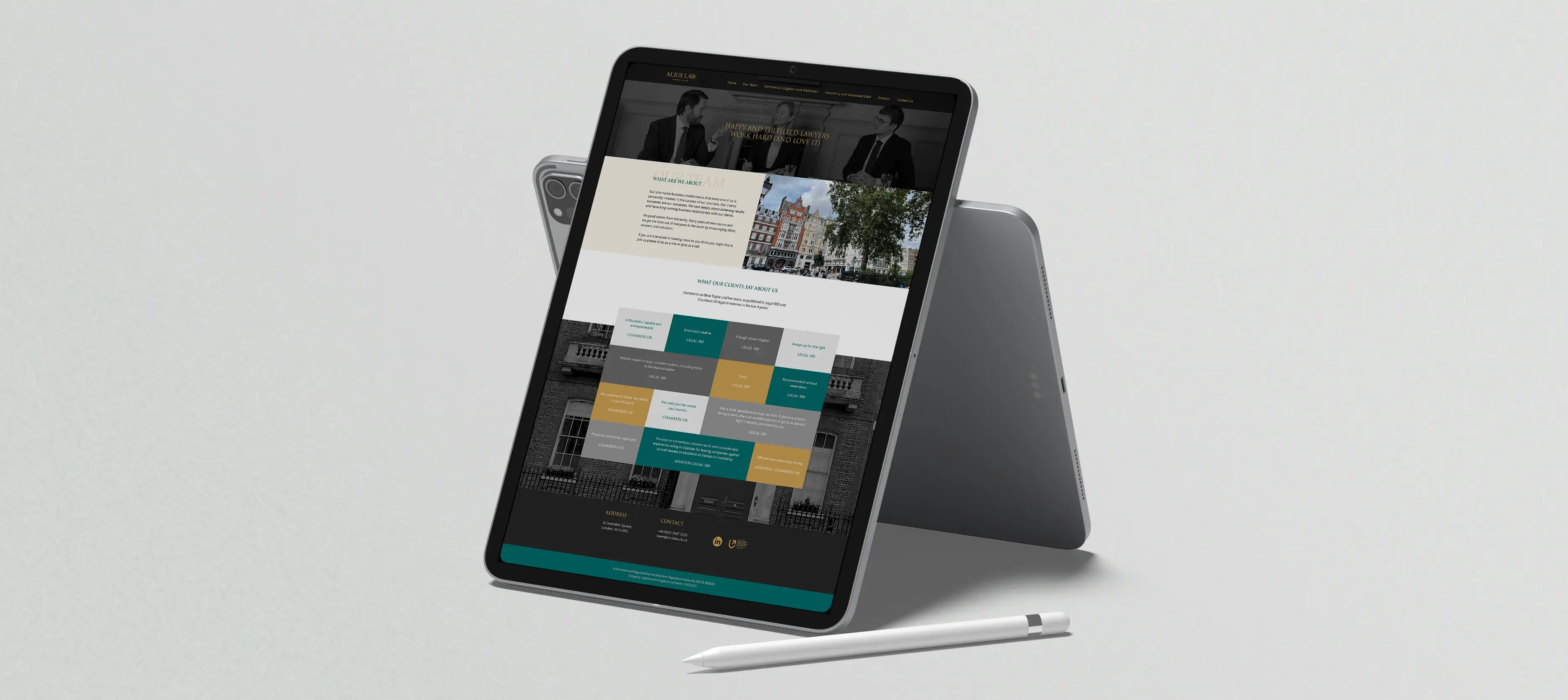 Alius Law website mockup on tablet – clean modern layout with green-gold palette and aviation imagery by Teatime Studio.