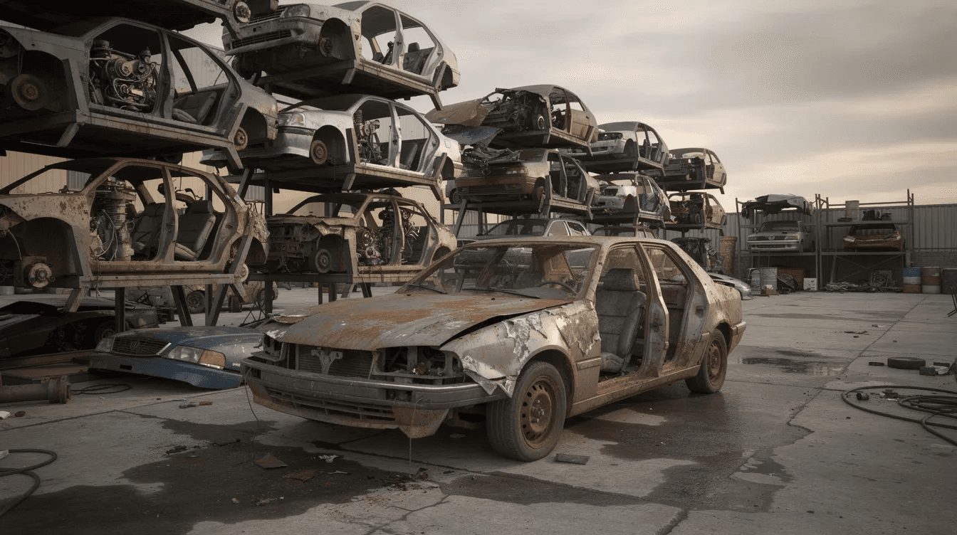 L'image montre un centre de recyclage automobile où plusieurs véhicules hors d'usage sont empilés, illustrant le processus de destruction d'un véhicule. Ce lieu, également appelé centre VHU, est dédié à la mise à jour et au traitement des véhicules, garantissant une gestion respectueuse de l'environnement.