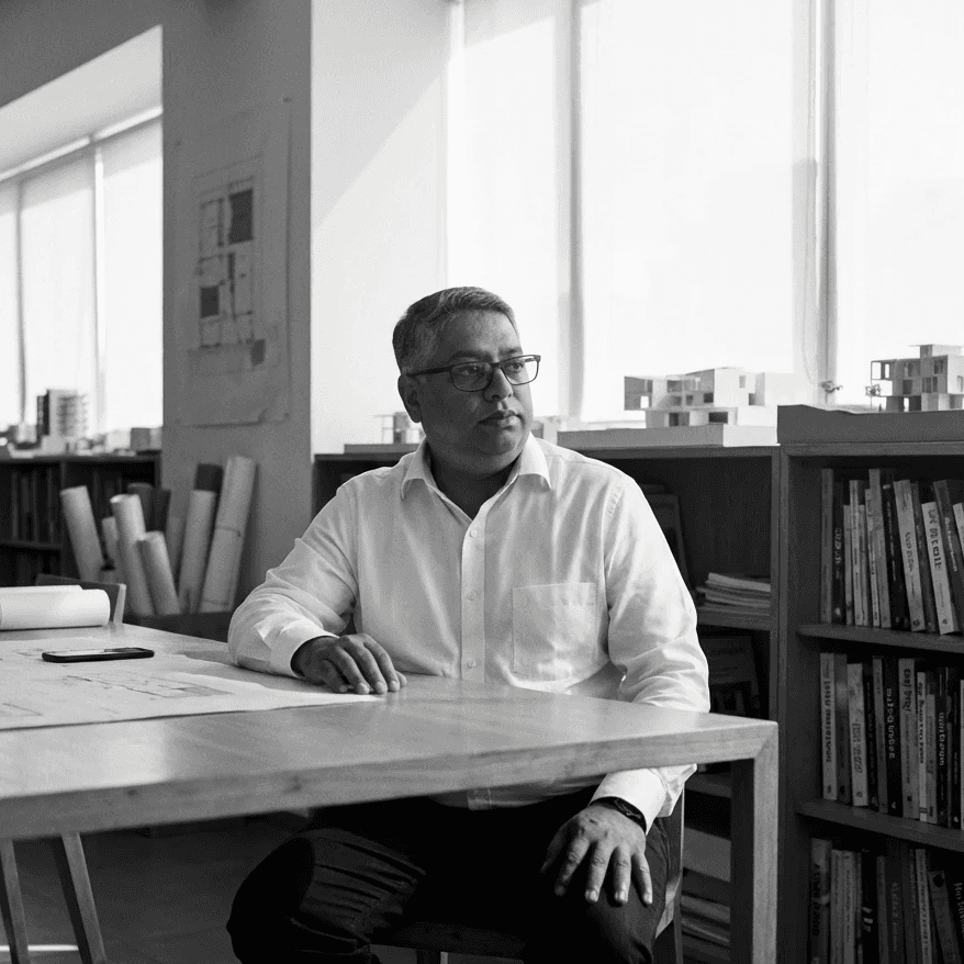 An architect standing at a desk in a modern studio, reviewing architectural models and documents. Shelves filled with books and materials line the background, with natural light coming through large windows.
