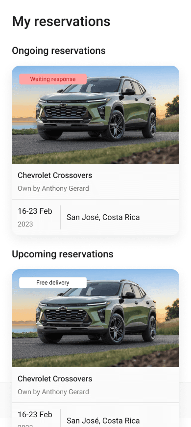 FlynCar app ‘My Reservations’ page showing ongoing and upcoming bookings, including rental dates, location and status labels. 