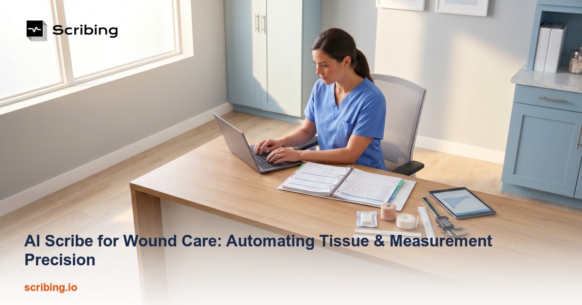 Clinical wound care workspace with digital wound assessment tablet and measurement tools representing AI-powered wound documentation automation.