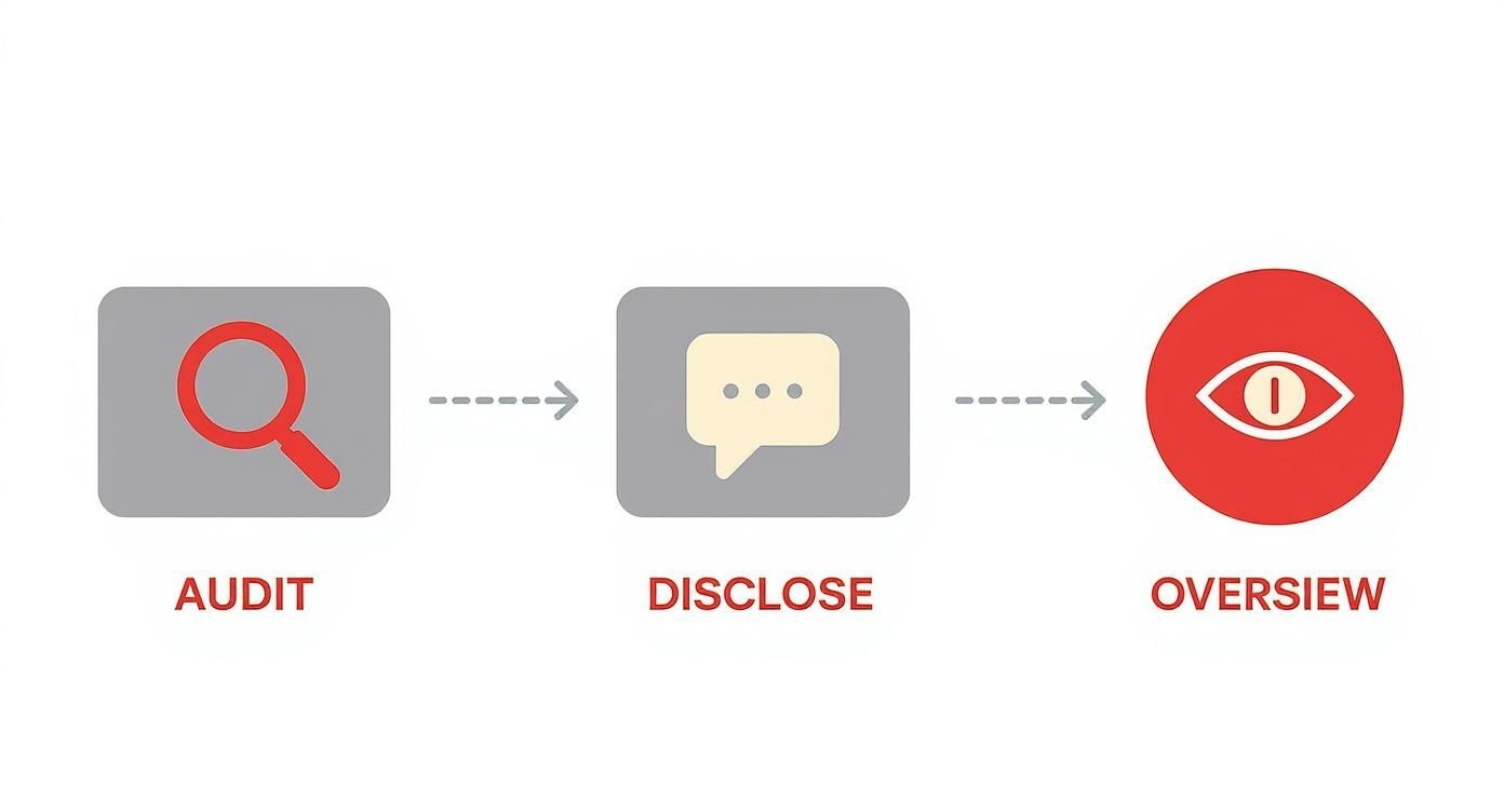A visual process flow diagram showing three steps: audit, disclose, and overview with respective icons.