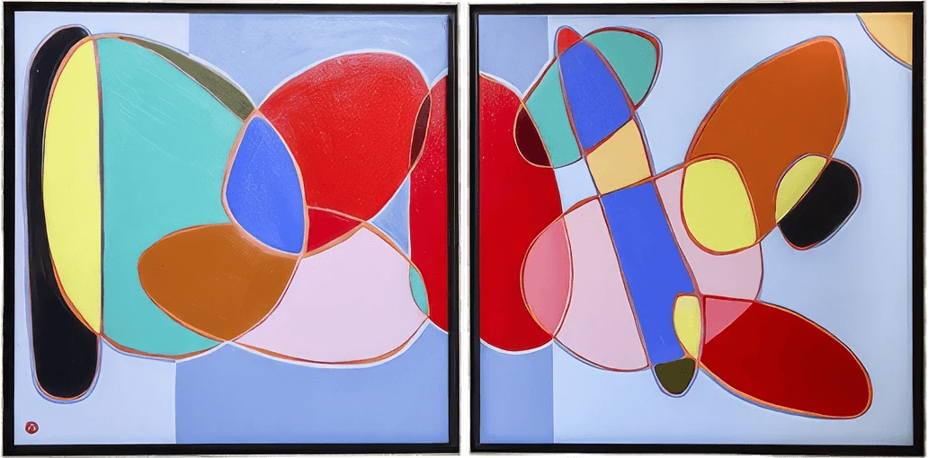 Diptych of two abstract paintings featuring bold organic shapes in red, teal, blue, orange and yellow on a periwinkle blue background