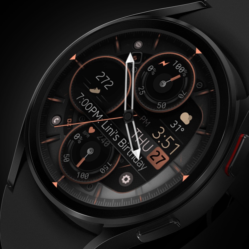 Galaxy watch displaying an analog watch face