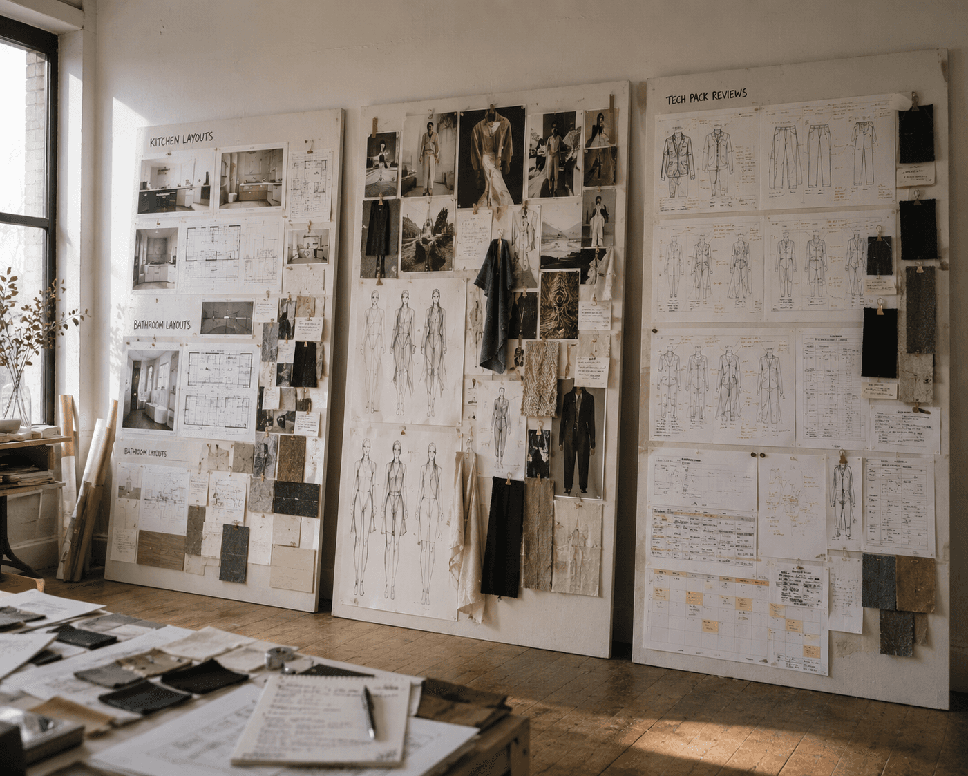 A comprehensive fashion collection mood board featuring fabric samples, structural sketches, and production timelines pinned to a studio wall