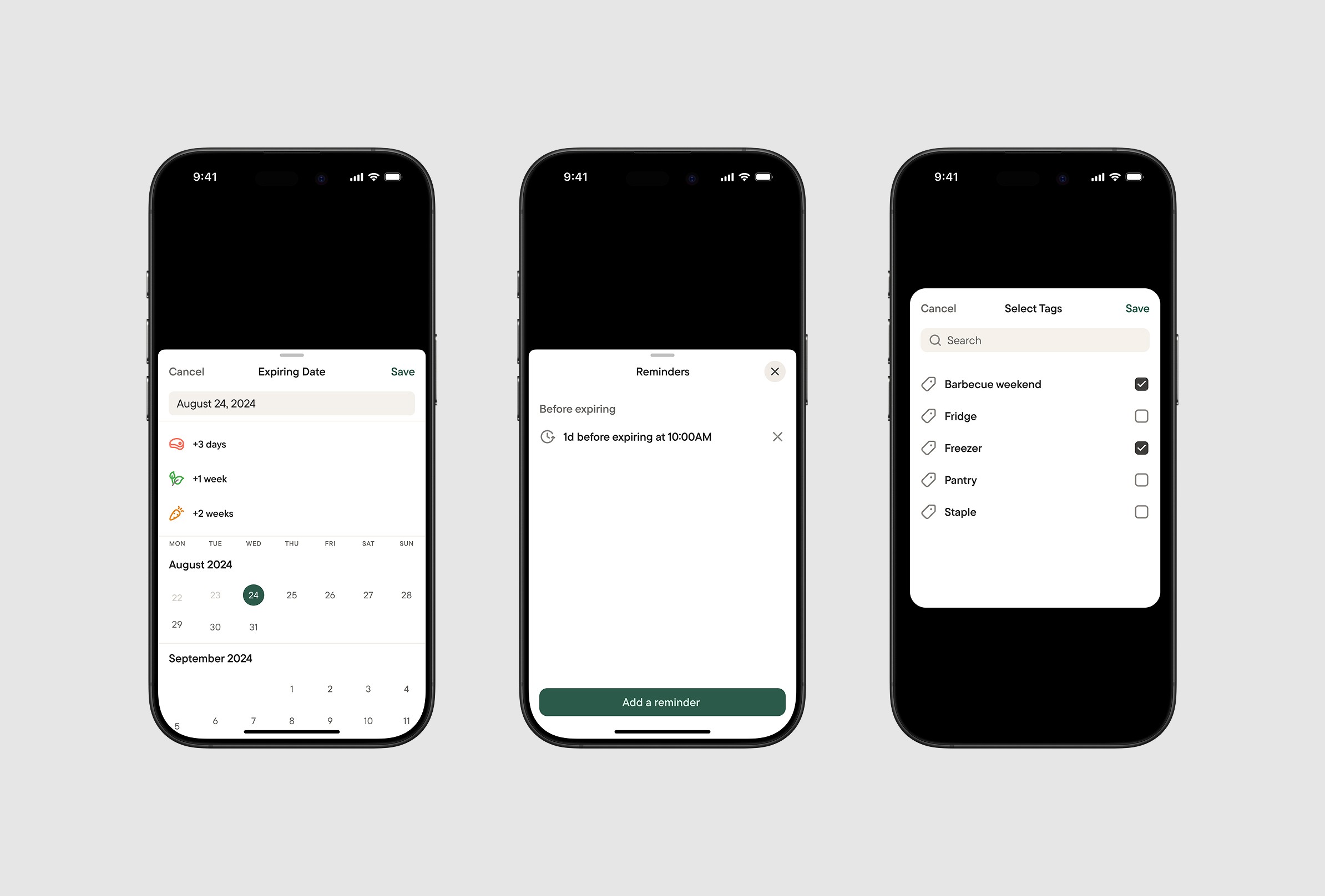 Food Item field selection screens (Expiring Date, Reminders, Tags).