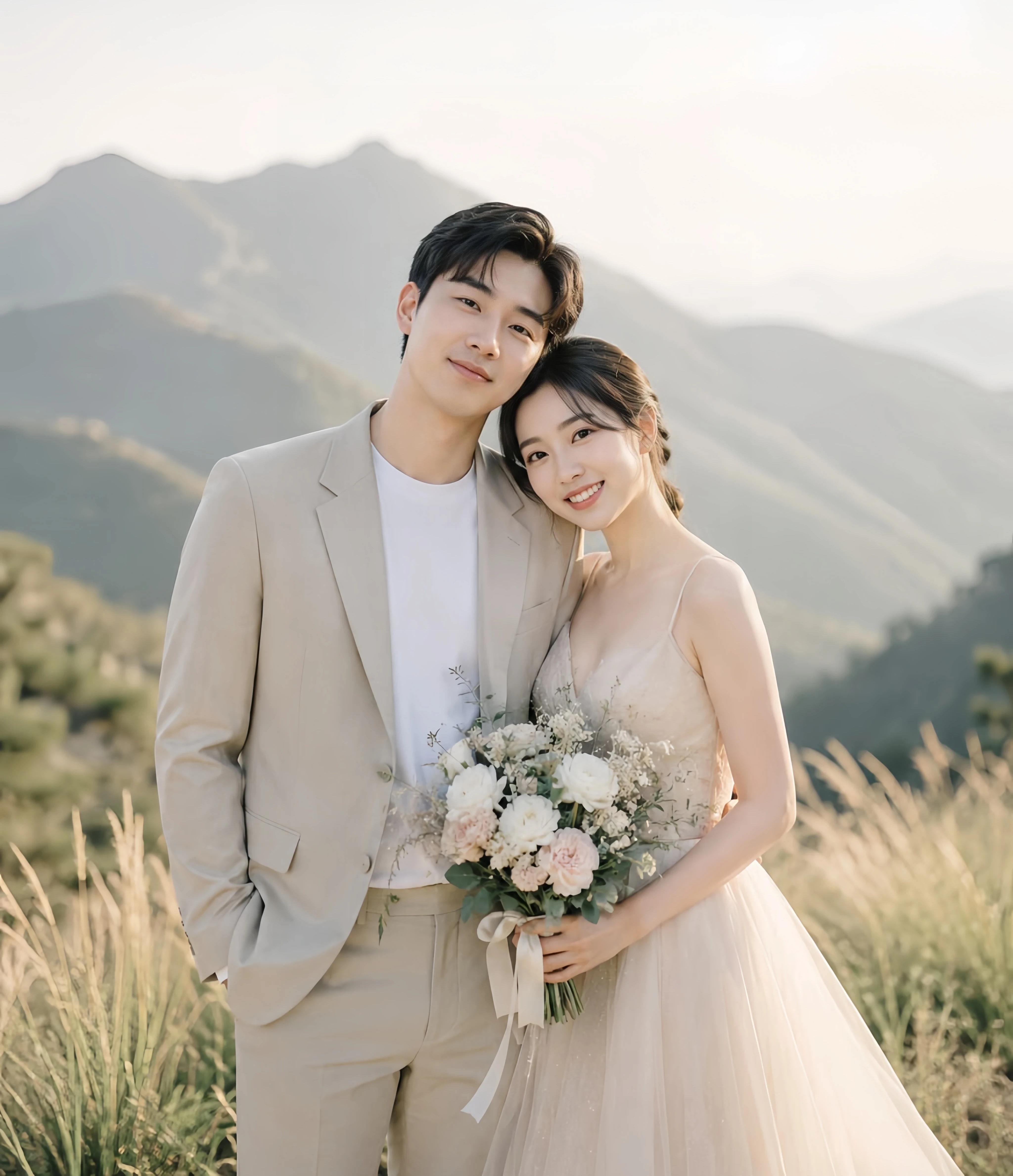 man in gray suit and woman in white wedding dress