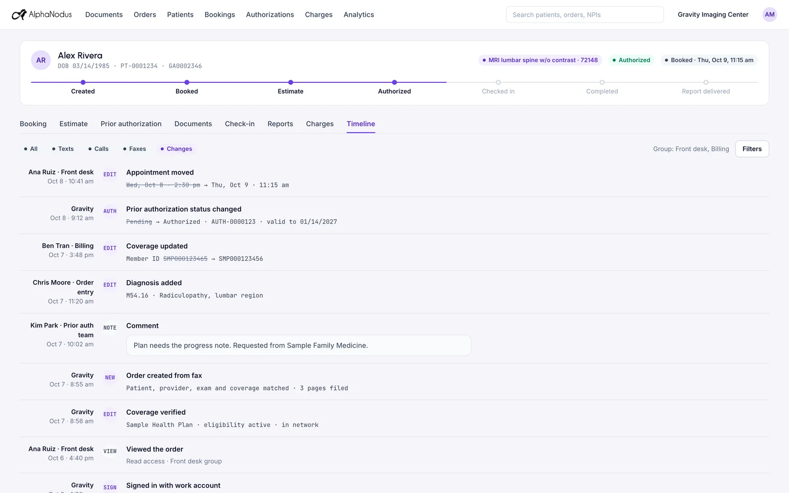 An order’s timeline in Gravity filtered to changes: an appointment moved, a prior authorization approved, a member ID corrected and a diagnosis added, each with the person, their group and the time