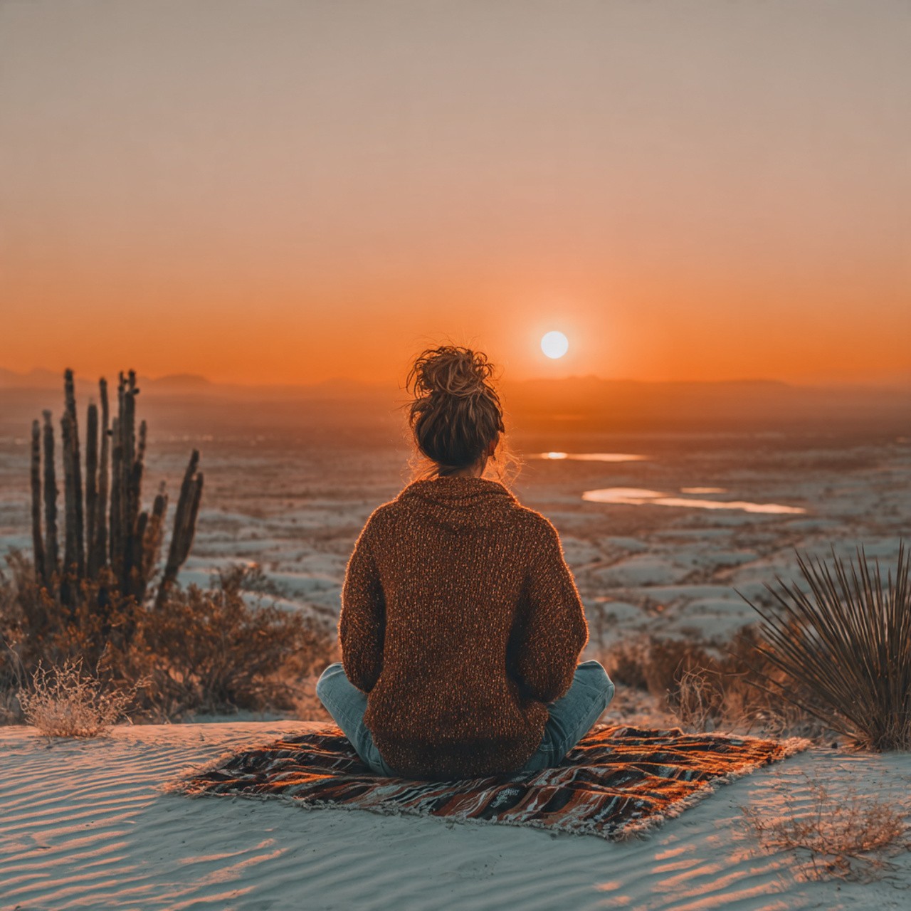 A person sits on a blanket overlooking a tranquil sunset by a lake, surrounded by sand dunes and grass, evoking a peaceful, contemplative mood.