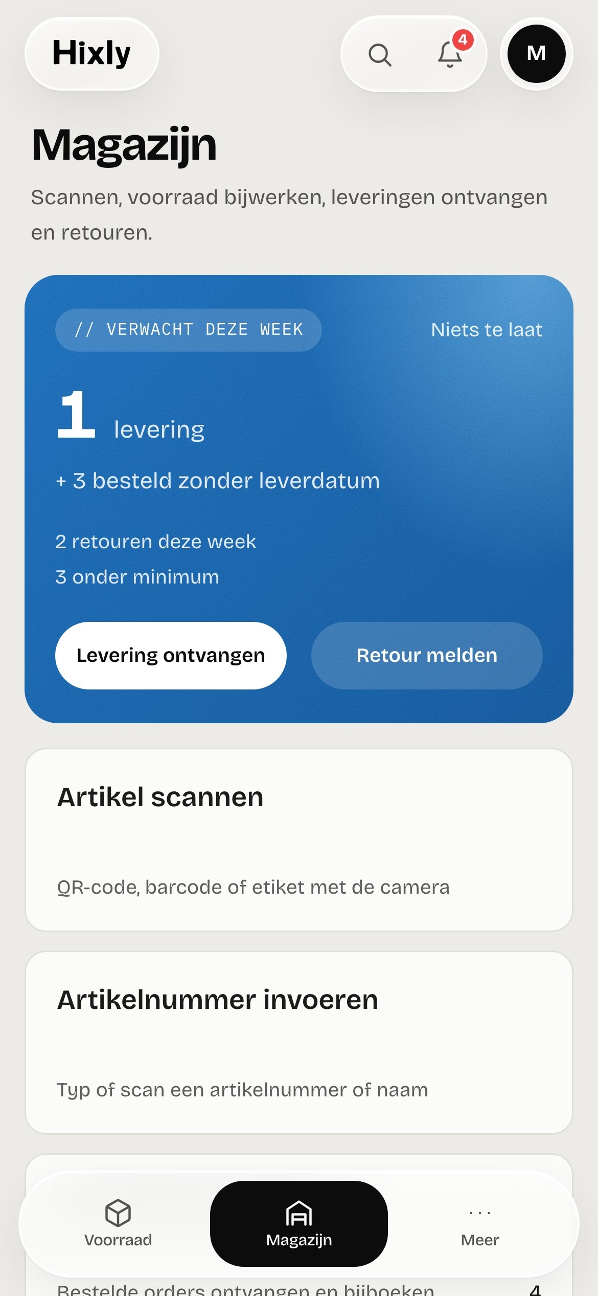 Magazijn-app op een telefoon: levering ontvangen, retour melden en artikel scannen