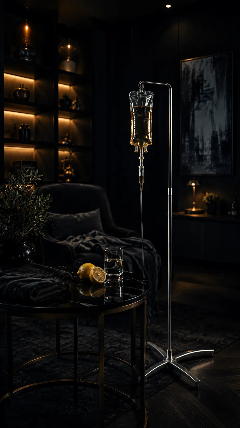 IV drip stand in a dark upscale lounge