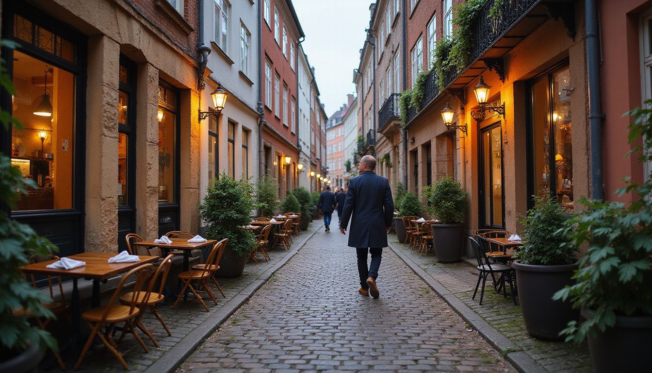 Charming cobblestone street in Copenhagen lined with historic buildings and cafés.