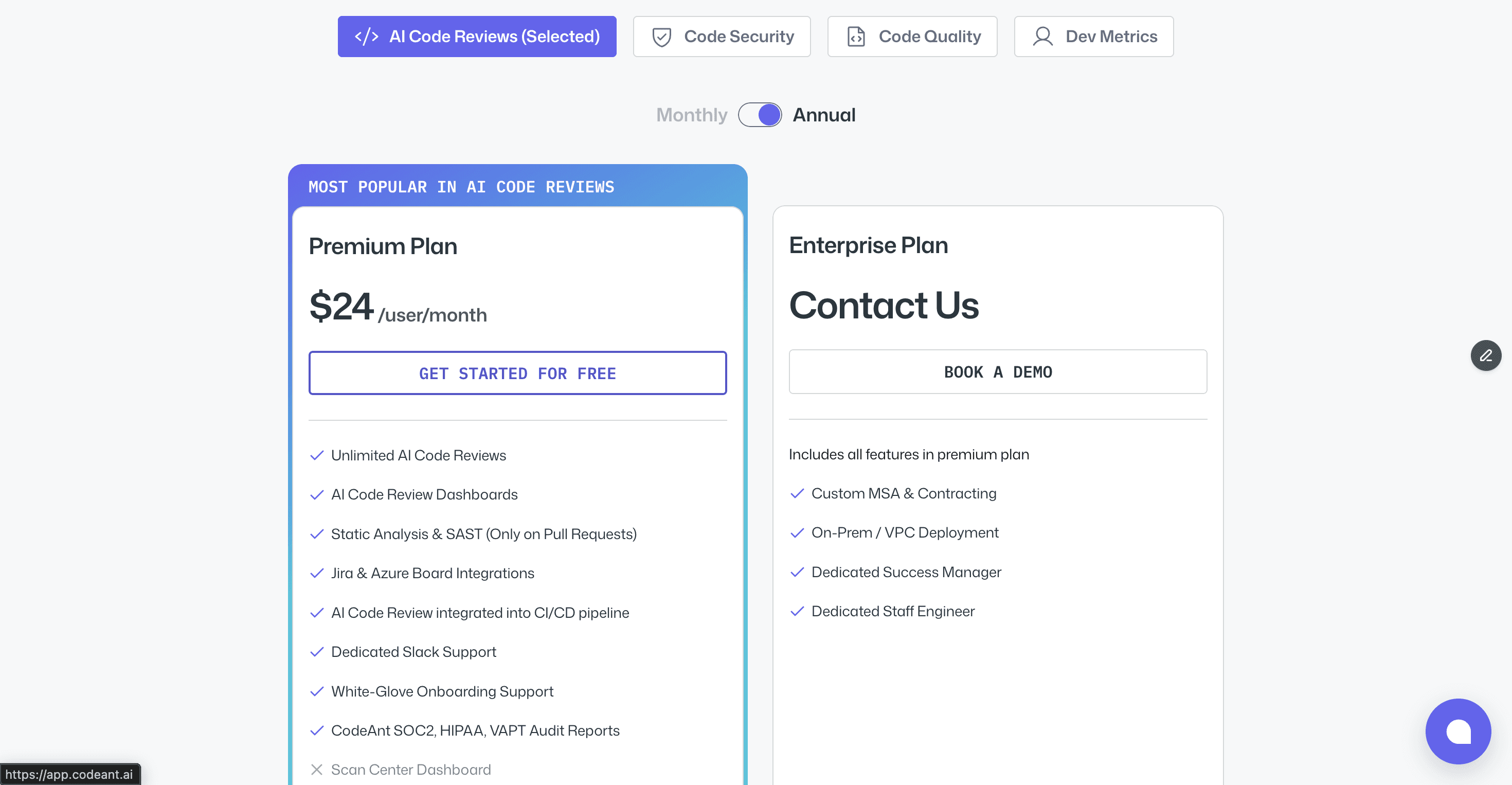 codeant ai code review pricing page. 