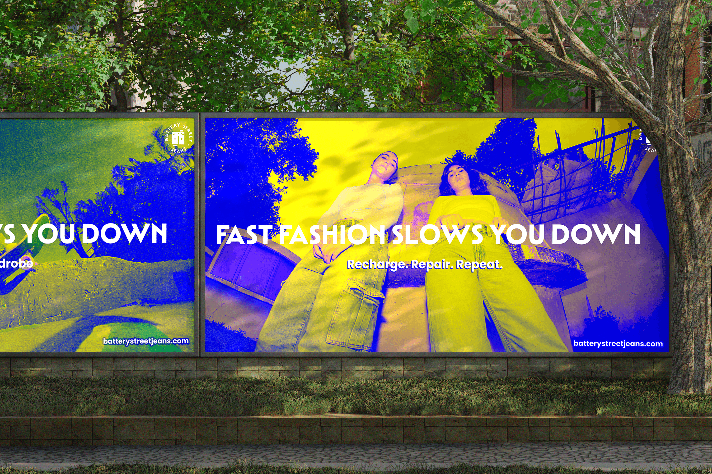 Two large outdoor advertisements display vibrant images with bold text stating, "FAST FASHION SLOWS YOU DOWN" and "Recharge. Repair. Repeat," emphasizing sustainable fashion amidst a backdrop of lush green trees.