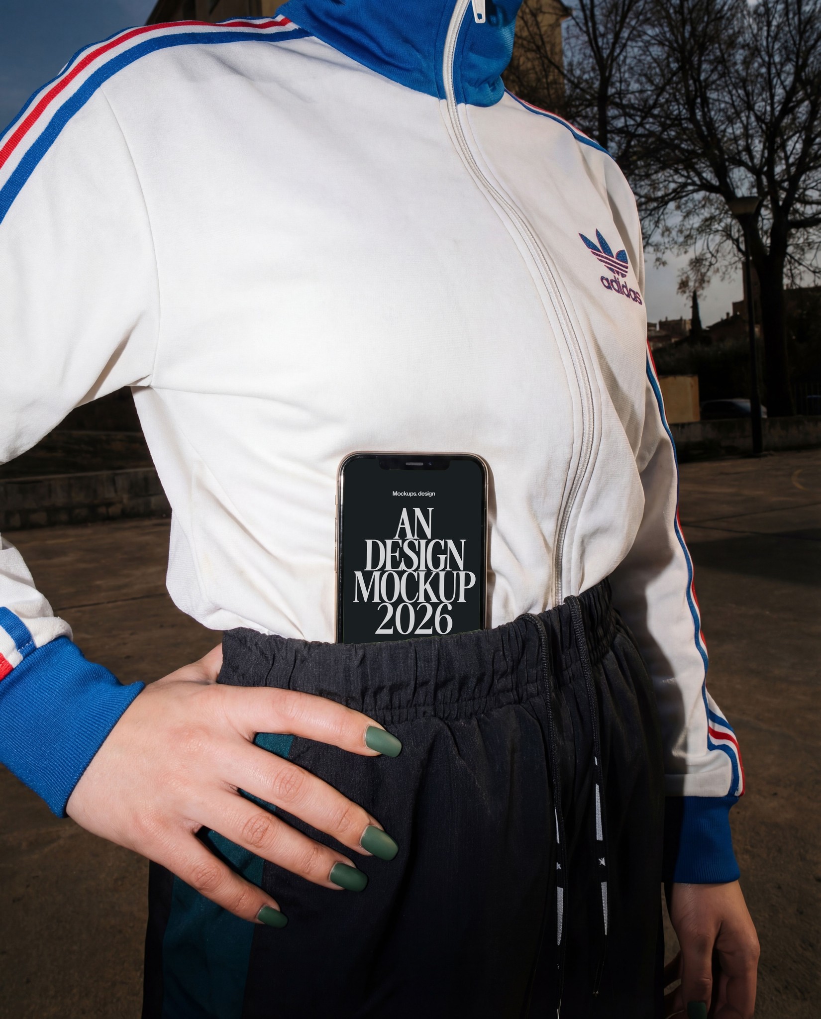 Woman holding iPhone 16 mockup during sports activity