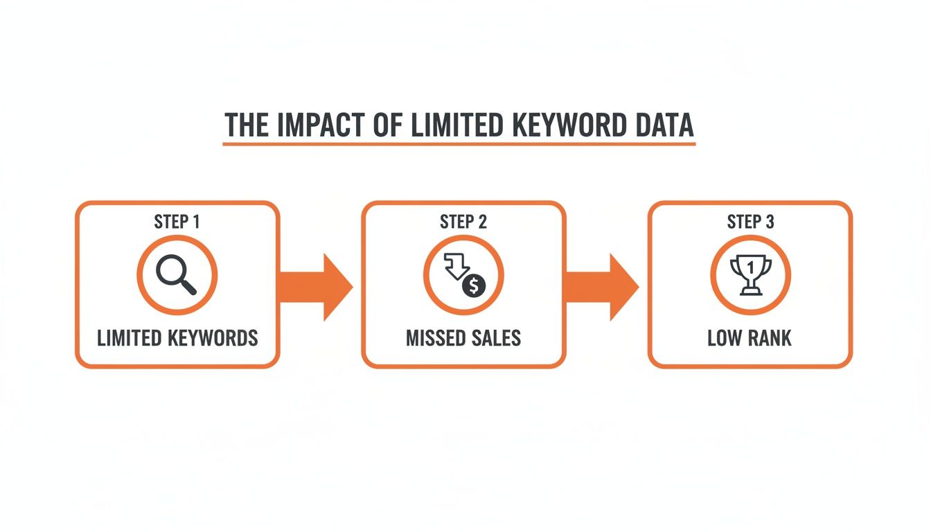 Flowchart showing that limited keyword data leads to missed sales and a low rank.