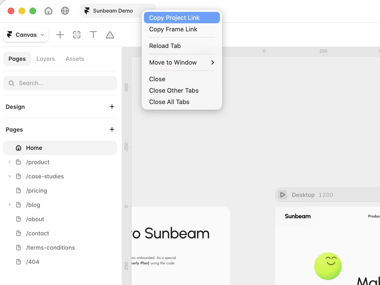 Framer tab context menu with Copy Project Link highlighted above the Sunbeam Demo project