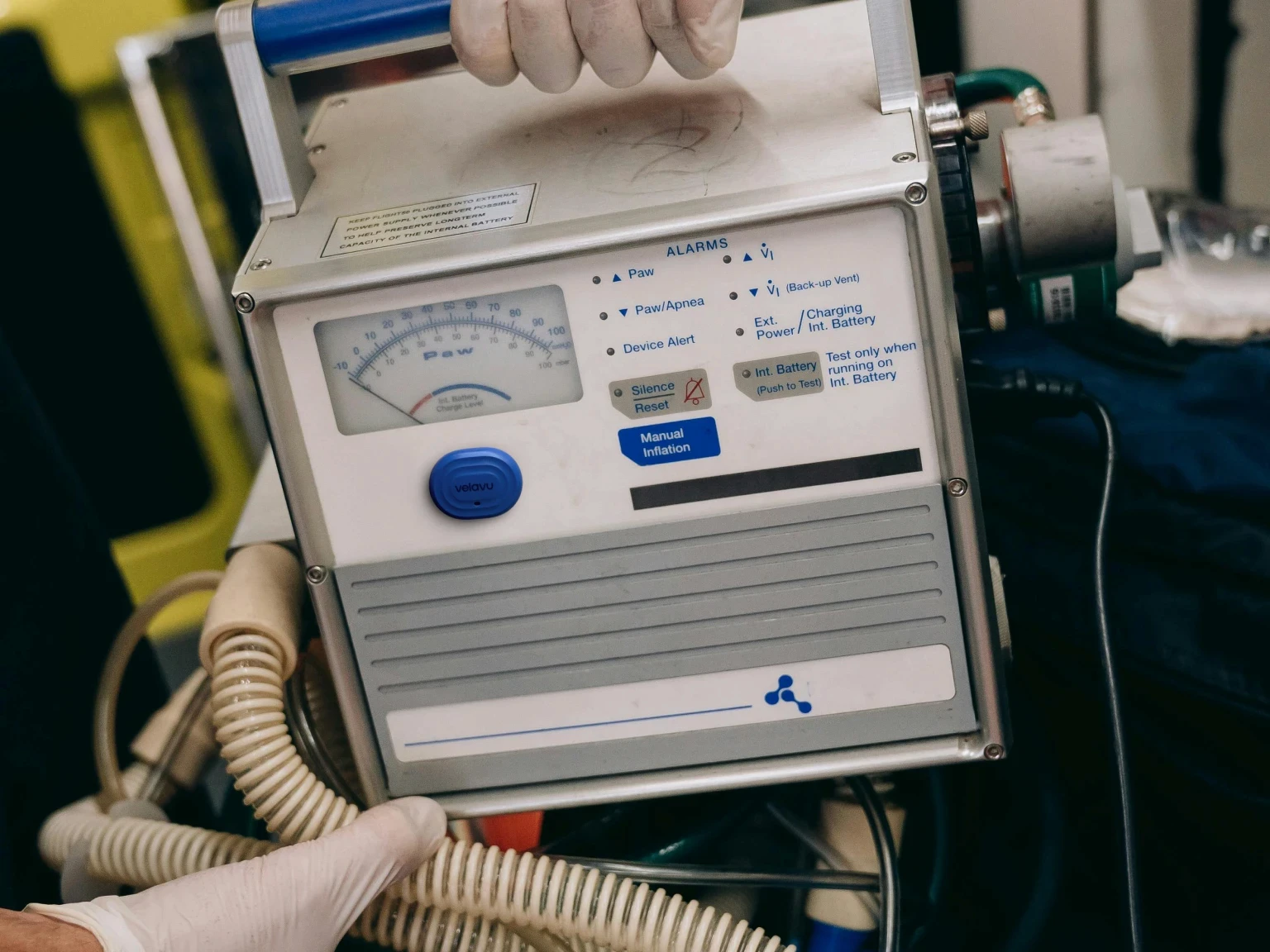 Velavu Arda device attached to a piece of medical equipment