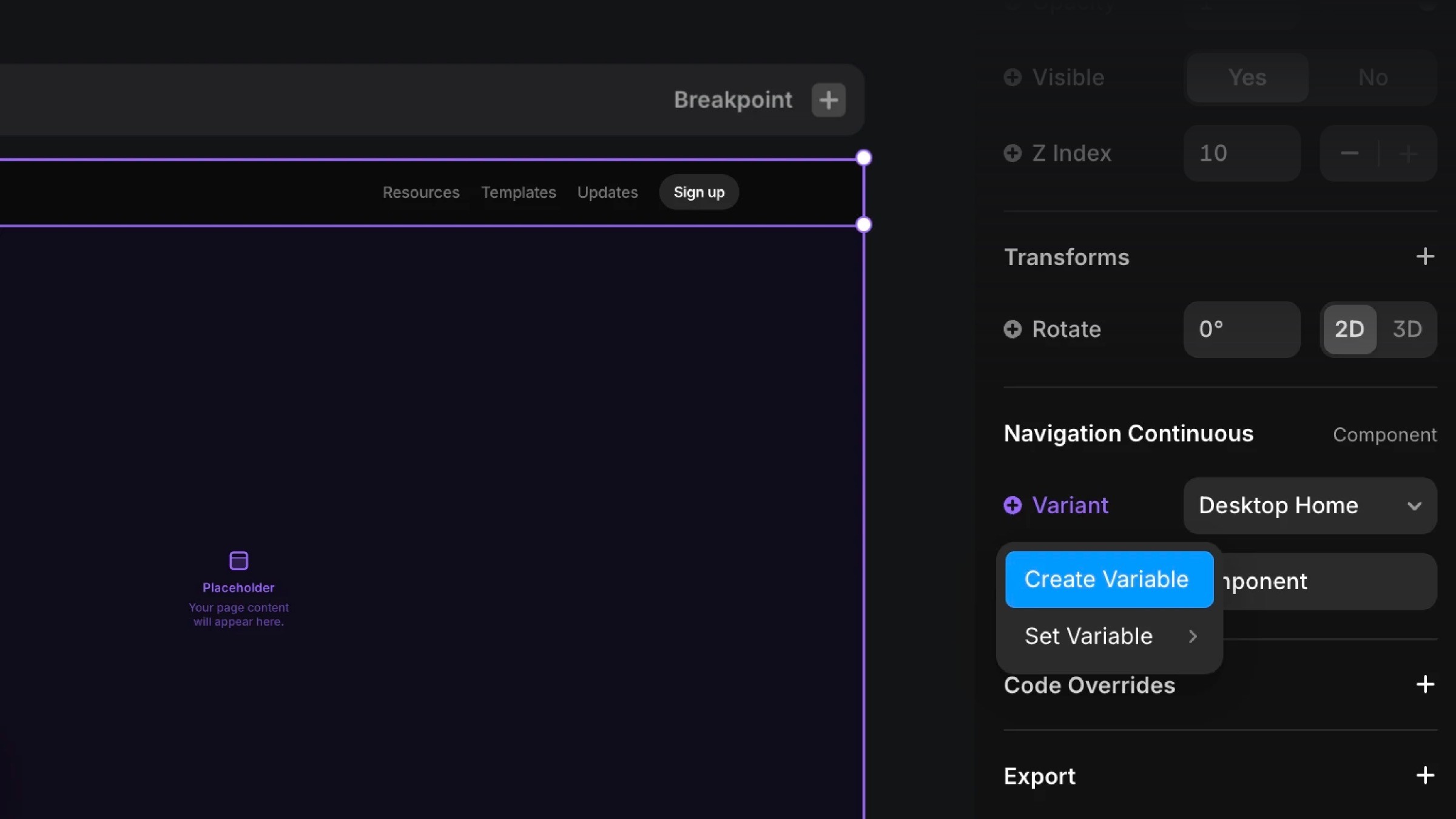 Framer design interface showing navigation component settings and variable controls