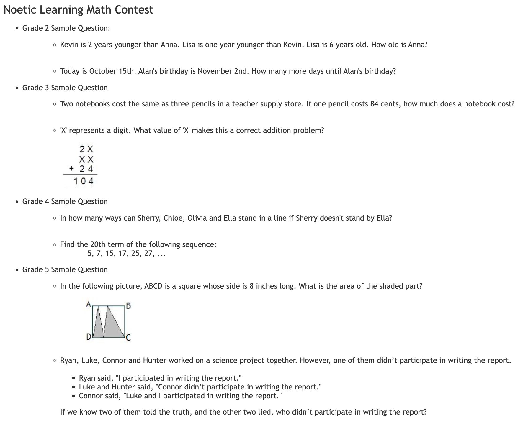 Sample test questions of the NLMC competition (for grades from 2 to 5)