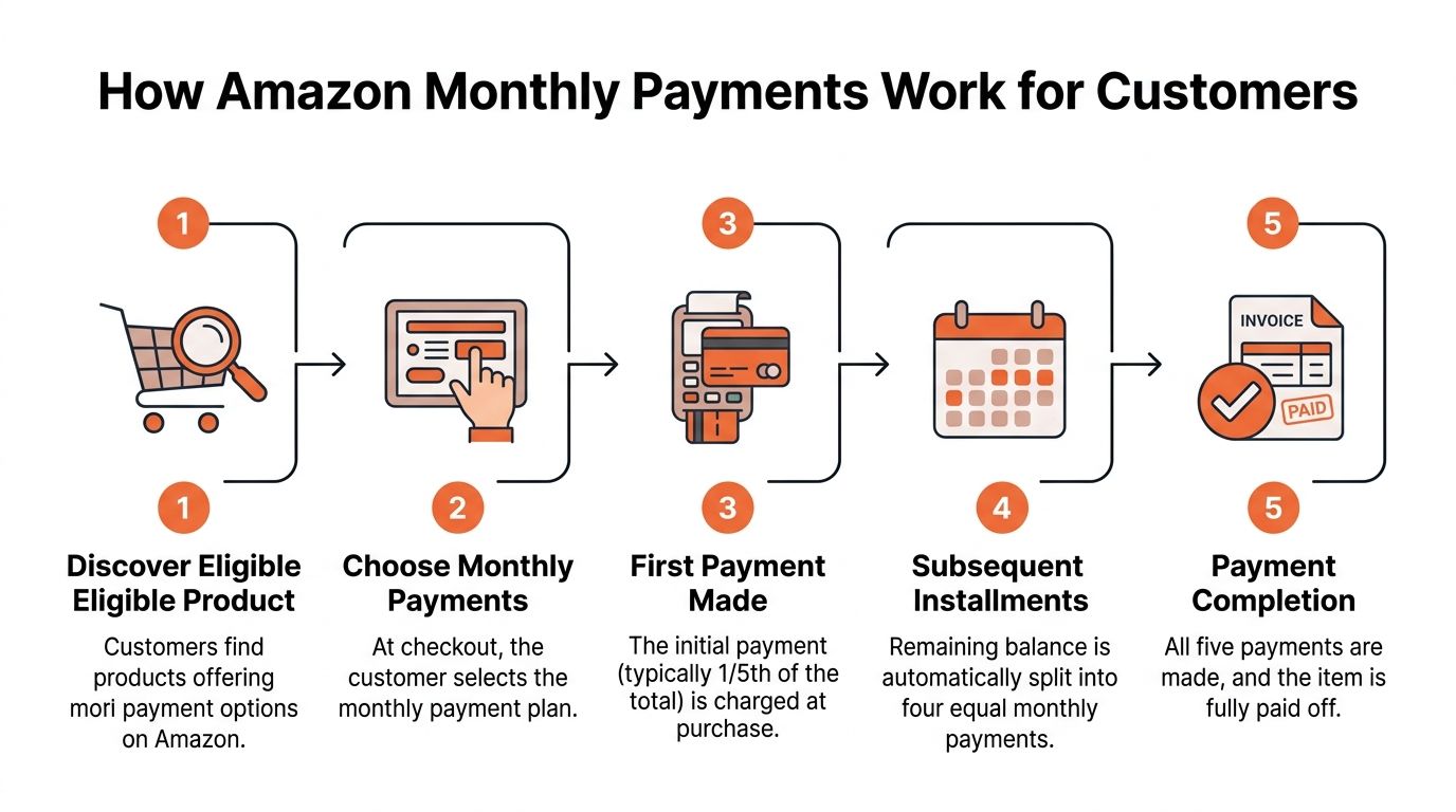 A five-step infographic showing how customers can use monthly installment payment plans on Amazon shopping platform.