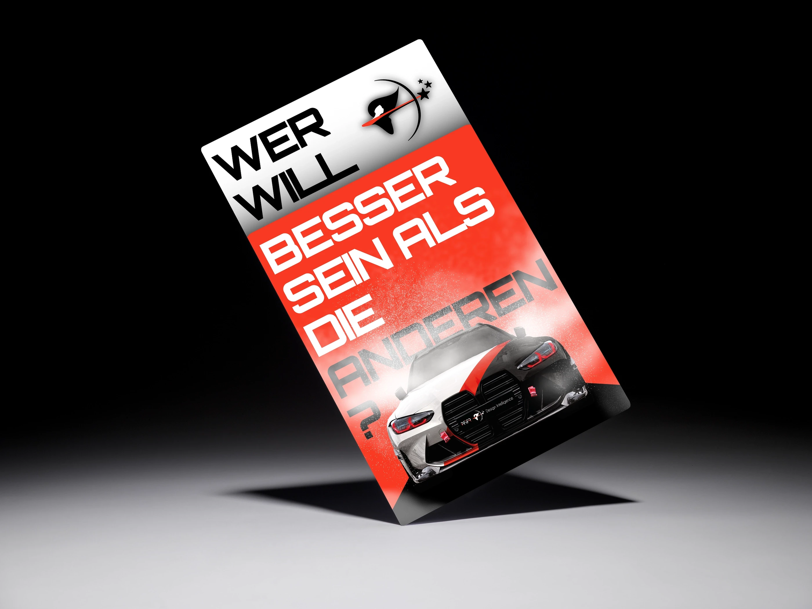 Minimalistic floating flyer with dynamic lighting and shadow, highlighting typography and performance-driven design by PFiFR Design Intelligence.