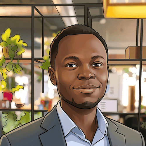Illustrated portrait of James Morton, a young man in a grey suit jacket smiling in front of an office with potted plants.