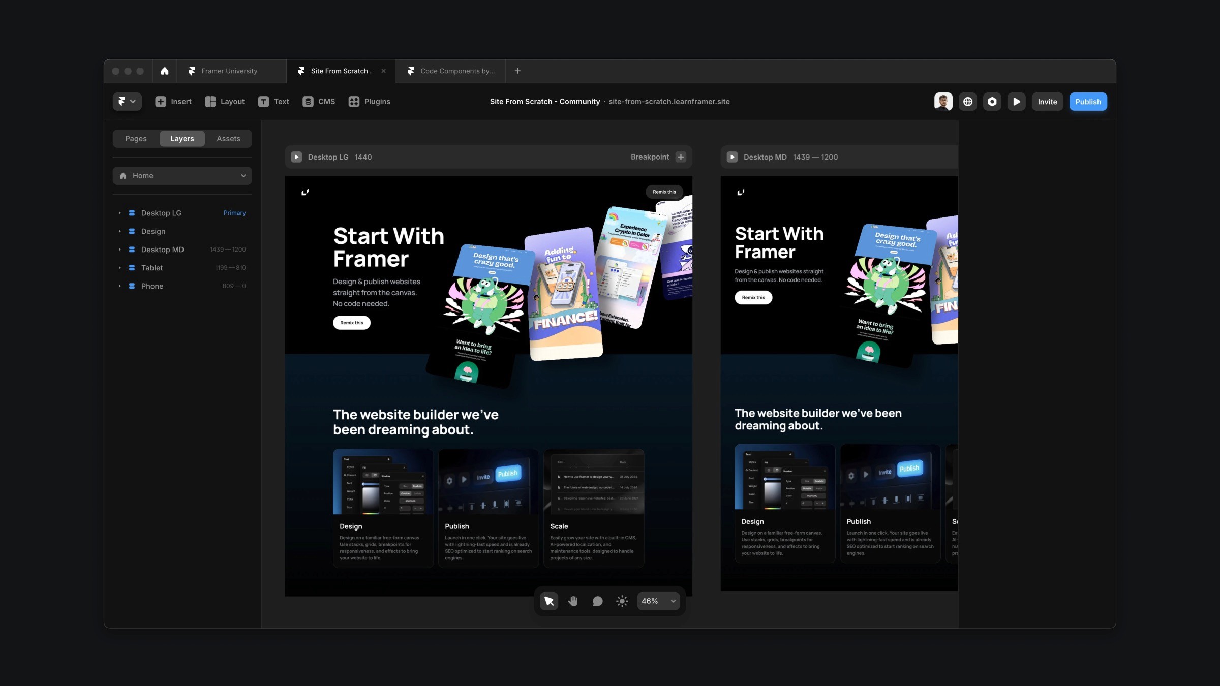 Framer design interface showing responsive website preview with desktop and mobile breakpoints, featuring site builder tools and navigation menu