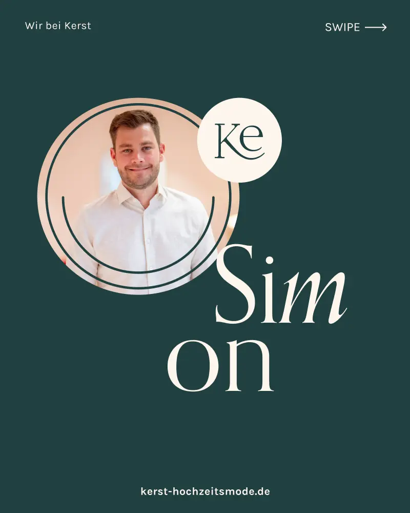 Teamvorstellung von Simon für Kerst Hochzeitsmode: Porträt im Corporate Design mit Ke-Logo und Schriftzug Wir bei Kerst auf dunkelgrünem Hintergrund.