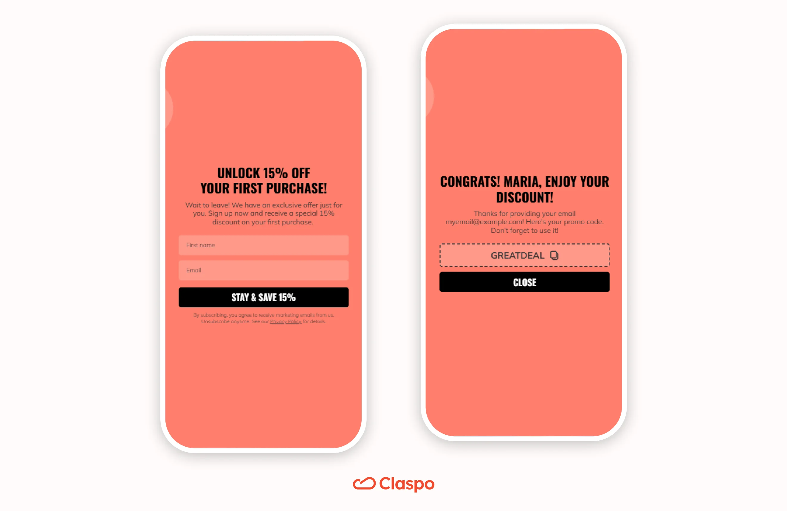 Claspo exit intent popup template offering 15% off