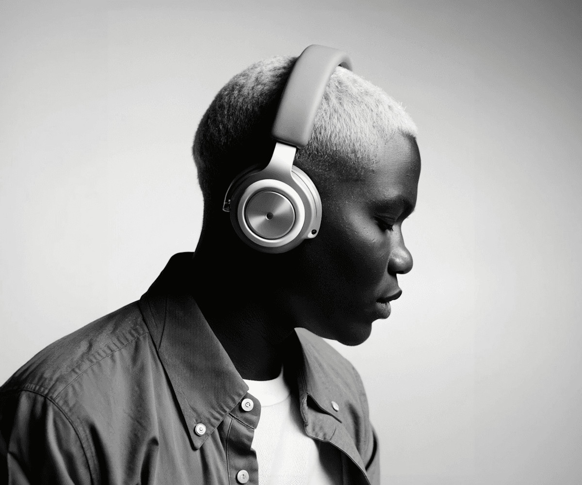 Black-and-white side profile of a person with short bleached hair wearing over-ear headphones against a light background.