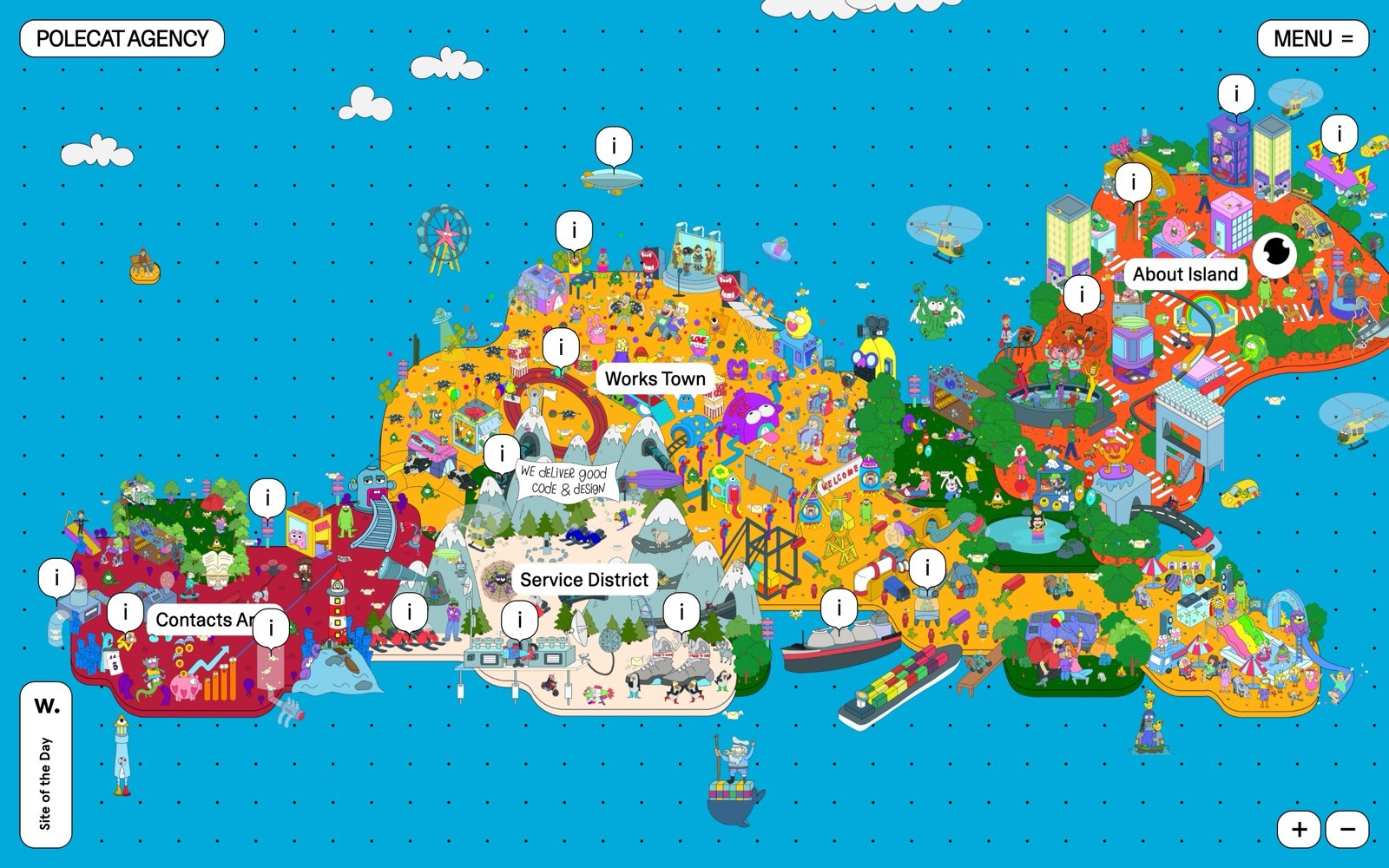 Colorful illustrated island with sections labeled Works Town, Service District, and About Island. Cartoon buildings, roads, and icons.