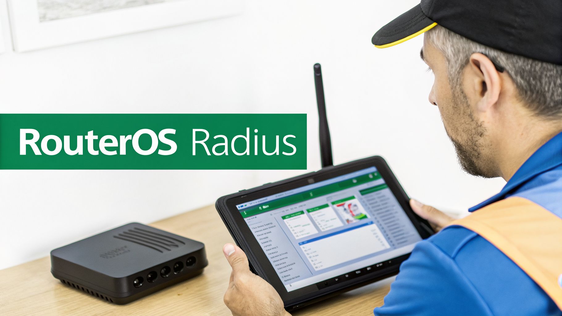 A man configures a MikroTik router with RouterOS Radius settings on a tablet, demonstrating network management.