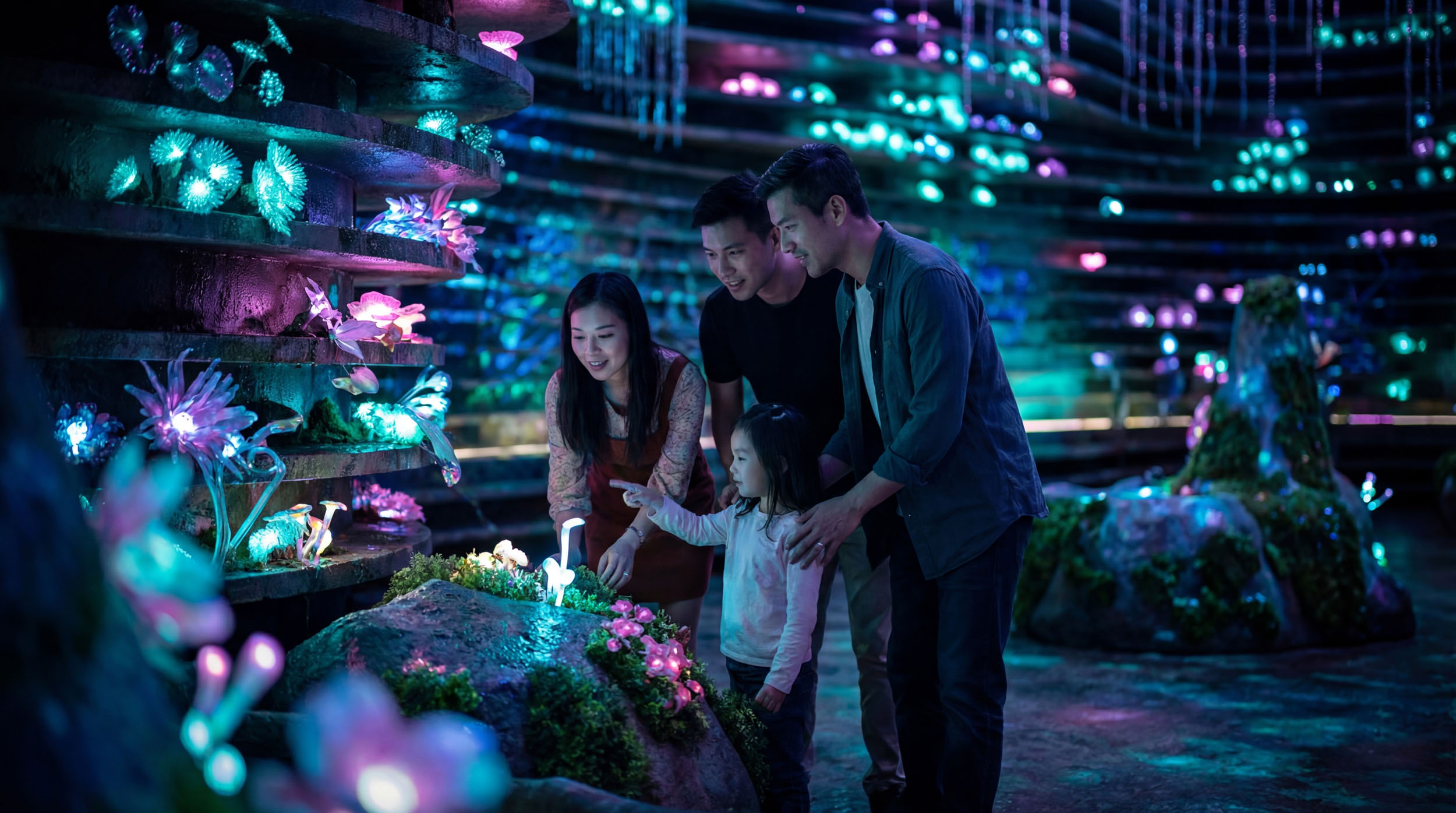 Architectural CGI render showing a family exploring an ethereal grotto with glowing flora.