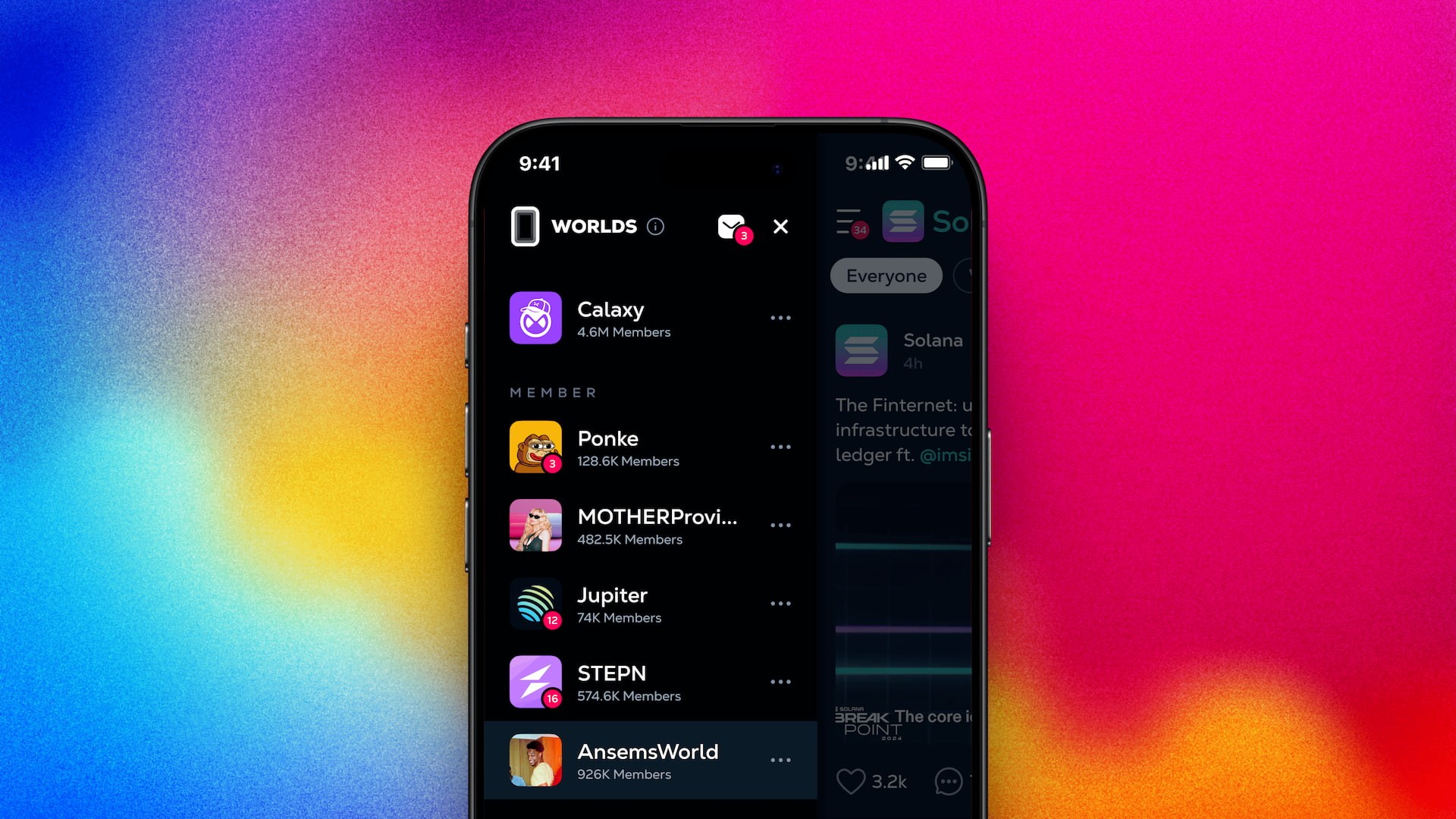 Worlds navigation sidebar in the Calaxy mobile web app, displaying community worlds, member counts, notifications, and quick switching between blockchain-based social spaces.