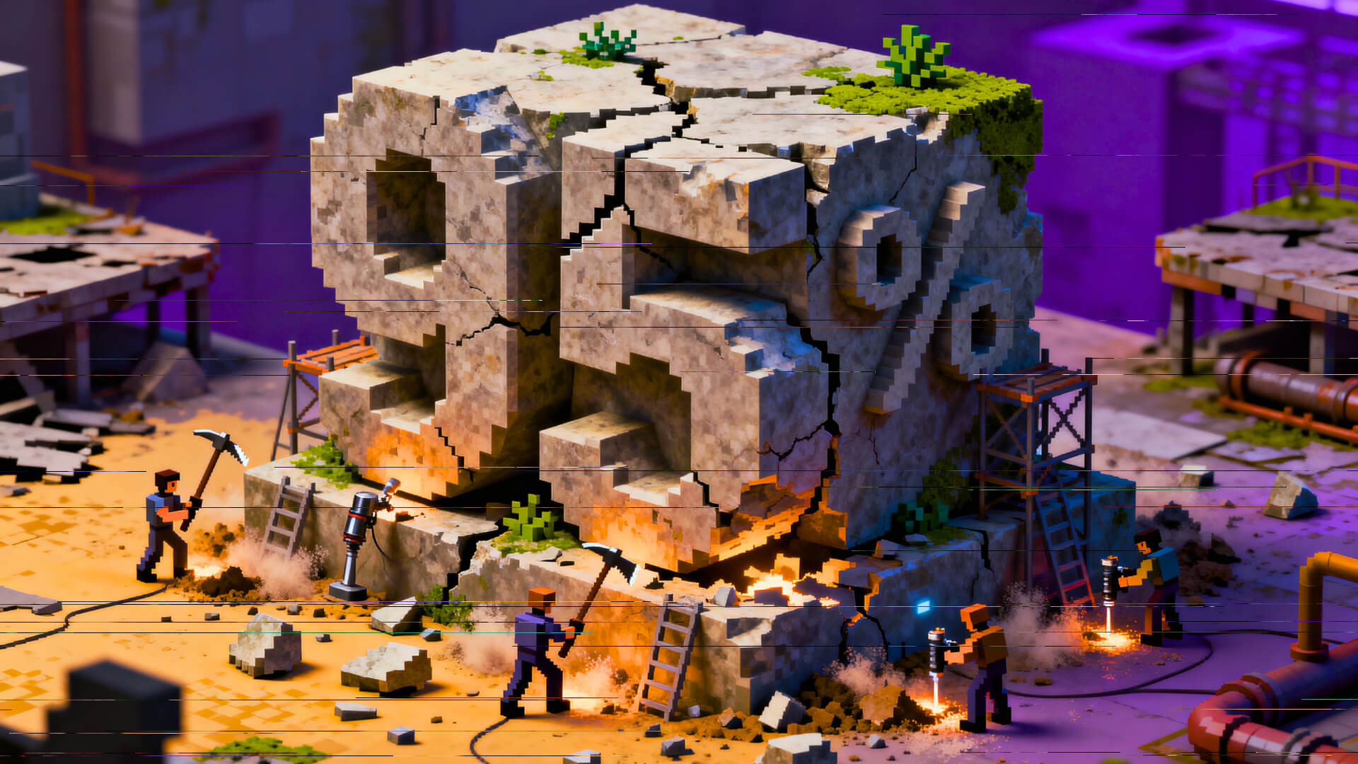 Blog cover showing the headline “95% mis-interpreted” beside an isometric pixel-art illustration of workers dismantling a cracked stone “95%” monument, symbolizing the misreading of enterprise AI failure statistics.