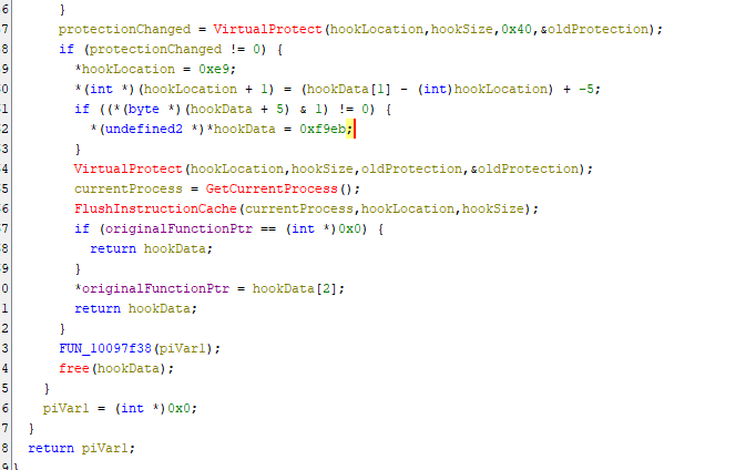 Ende von MinHookEnable (dekompiliert): Nach VirtualProtect (0x40) schreibt die Funktion einen relativen Sprung (0xE9) zur Umleitungsfunktion, stellt den Speicherschutz wieder her, leert den Befehlscache und speichert den Trampolin-Zeiger.