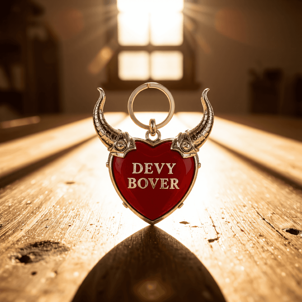 product photography of a keychain with a heart shape and devil horns, featuring the text 'HOW DARE YOU'