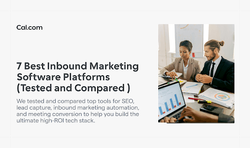 7 Best Inbound Marketing Software Platforms blog cover showing professionals reviewing marketing charts and data analytics on a laptop.