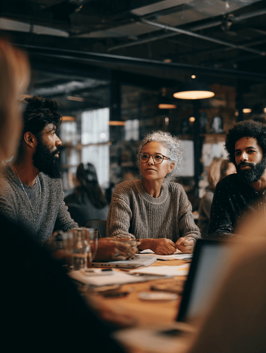 View of people brainstorming during a meeting