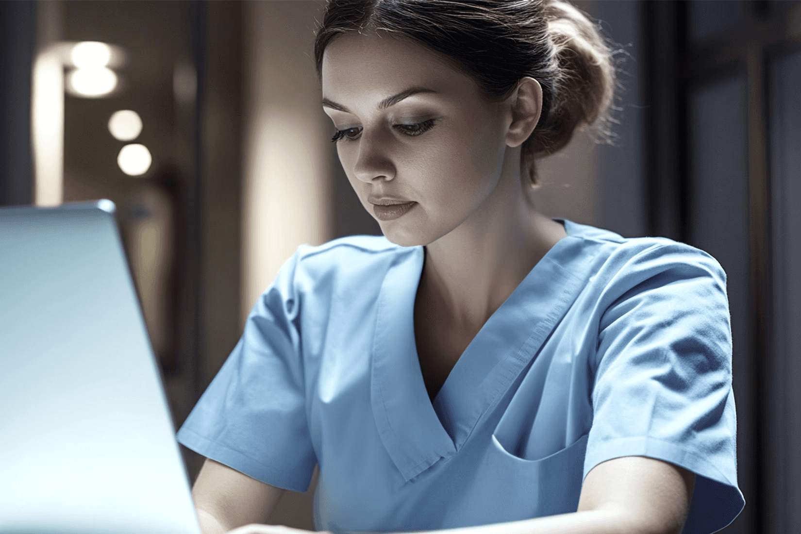 A female nurse working on her laptop.