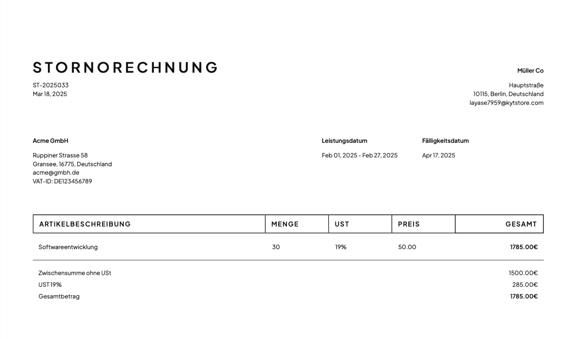Invoice cancellation (Stornorechnung) example in Germany 