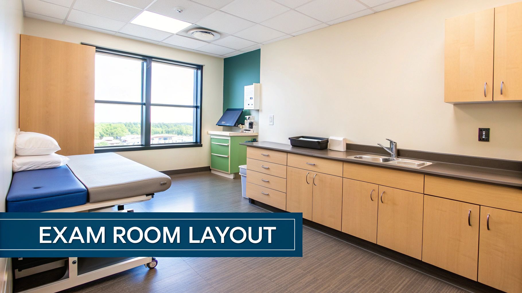 Modern medical exam room with an exam bed, large window, wood cabinets, and a sink.