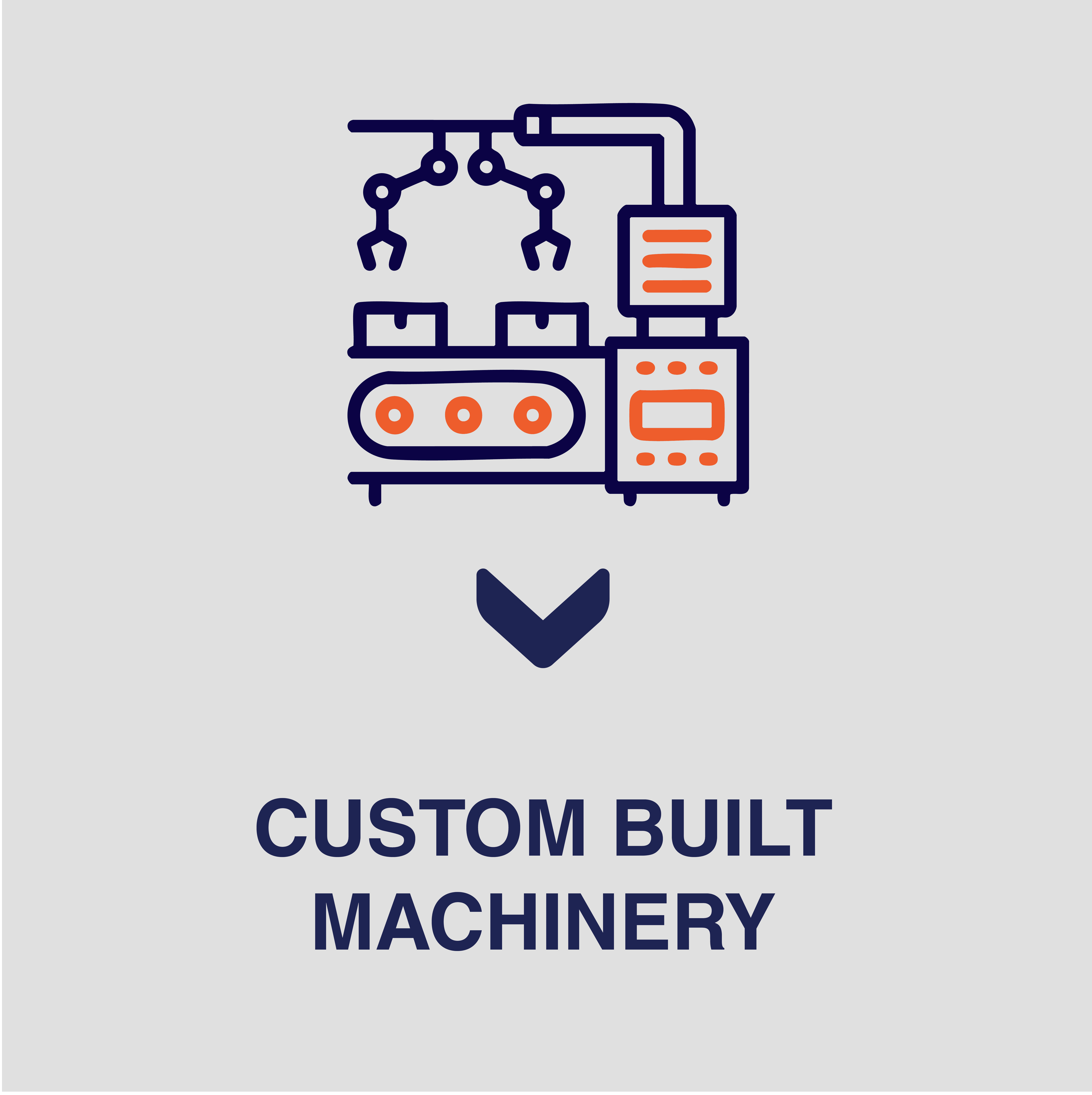 icon of assorted construction and fabrication equiptments on a white background with blue text saying custom built machinery