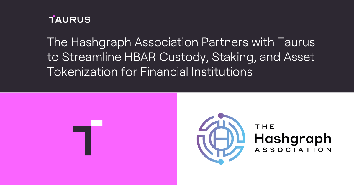 taurus logo on pink background next to hashgraph logo on white background